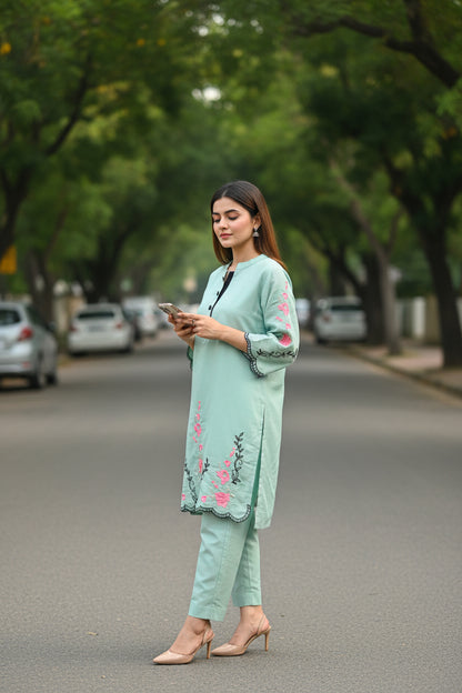 Pista Green Vatican Silk Embroidered Co-Ord Set