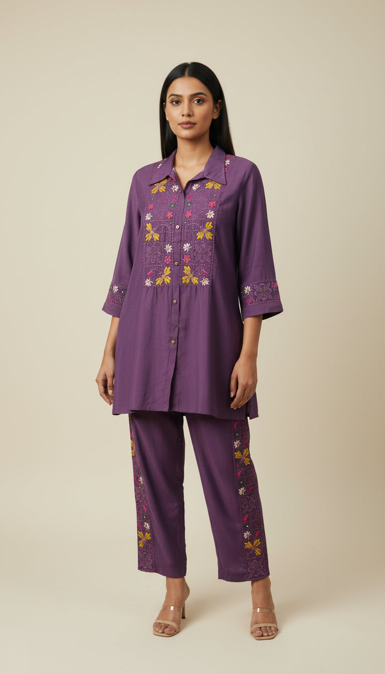 DEEP PURPLE VATICAN SILK EMBROIDERED CO-ORD SET