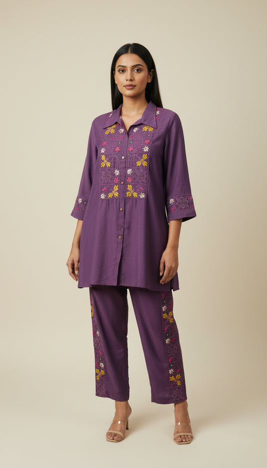 DEEP PURPLE VATICAN SILK EMBROIDERED CO-ORD SET