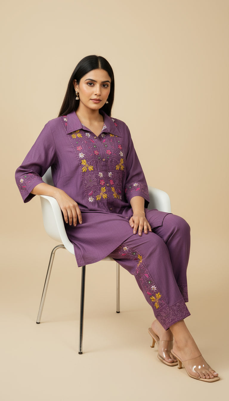 DEEP PURPLE VATICAN SILK EMBROIDERED CO-ORD SET