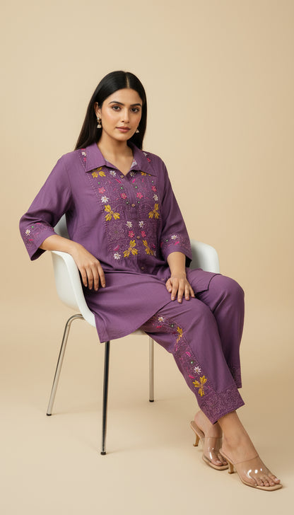 Deep Purple Vatican Silk Embroidered Co-Ord Set