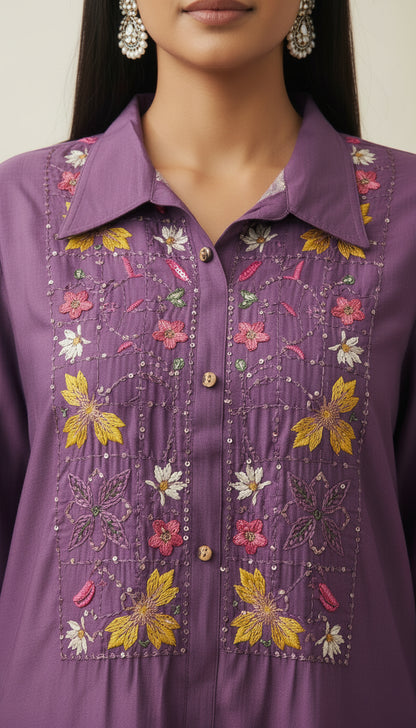 Deep Purple Vatican Silk Embroidered Co-Ord Set
