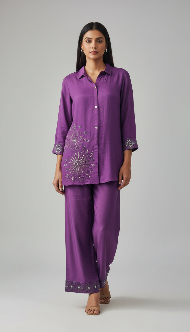 MUL CHANDERI  EMBROIDERED PURPLE CO-ORD SET