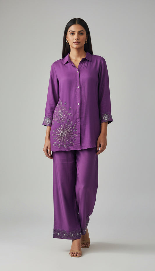 MUL CHANDERI  EMBROIDERED PURPLE CO-ORD SET