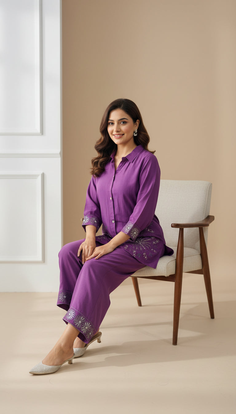 MUL CHANDERI  EMBROIDERED PURPLE CO-ORD SET