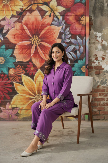 Purple Mul Chanderi Embroidered Co-Ord Set