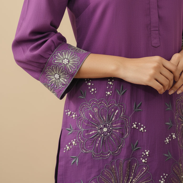 MUL CHANDERI  EMBROIDERED PURPLE CO-ORD SET