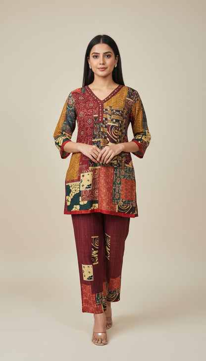 Brown Butter Muslin Embroidered Co-Ord Set