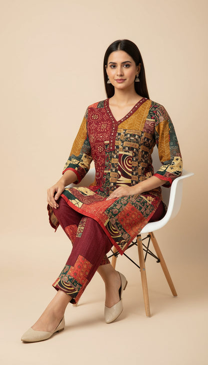 Brown Butter Muslin Embroidered Co-Ord Set