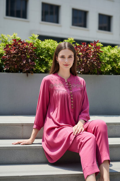 Deep Rose Pink Rayon Crepe Embroidered Co-Ord Set