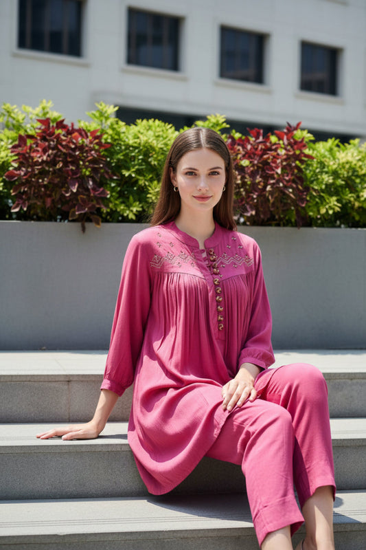 DEEP ROSE PINK  RAYON CREPE EMBROIDERED CO-ORD SET
