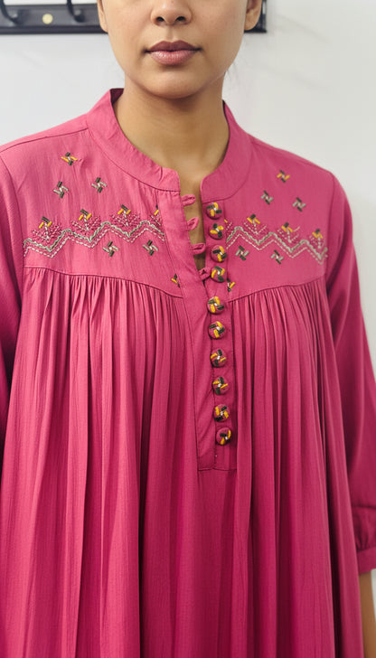 Deep Rose Pink Rayon Crepe Embroidered Co-Ord Set