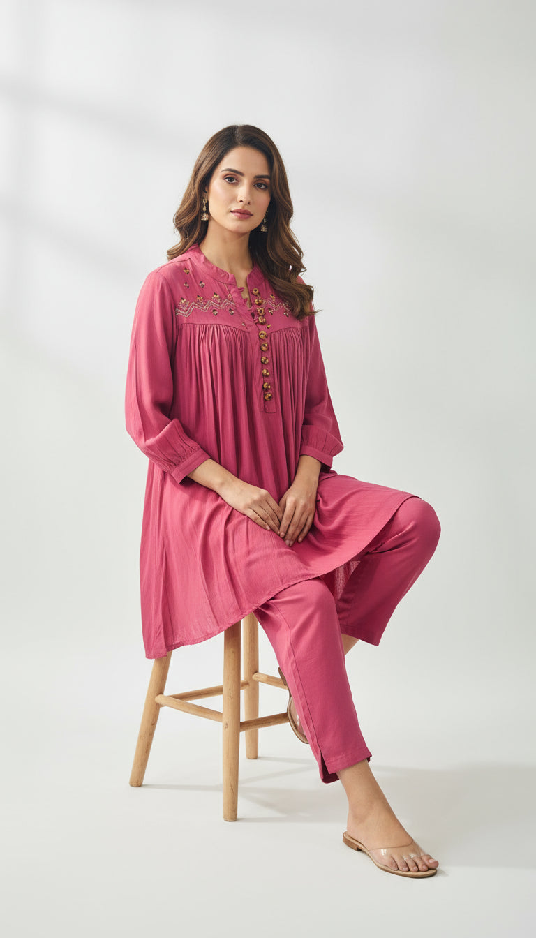 DEEP ROSE PINK  RAYON CREPE EMBROIDERED CO-ORD SET
