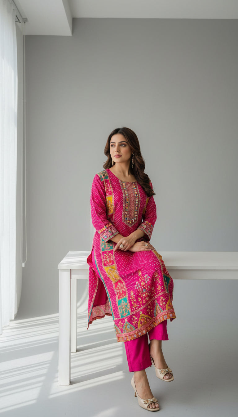 AURA PINK CHINON SUIT SET WITH GOLDEN SEQUIN  & MIRROR WORK