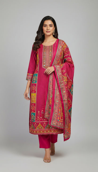 Pink Chinon Suit Set with Golden Sequin & Mirror Work