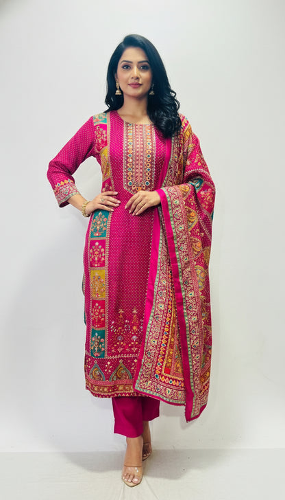 Pink Chinon Suit Set with Golden Sequin & Mirror Work