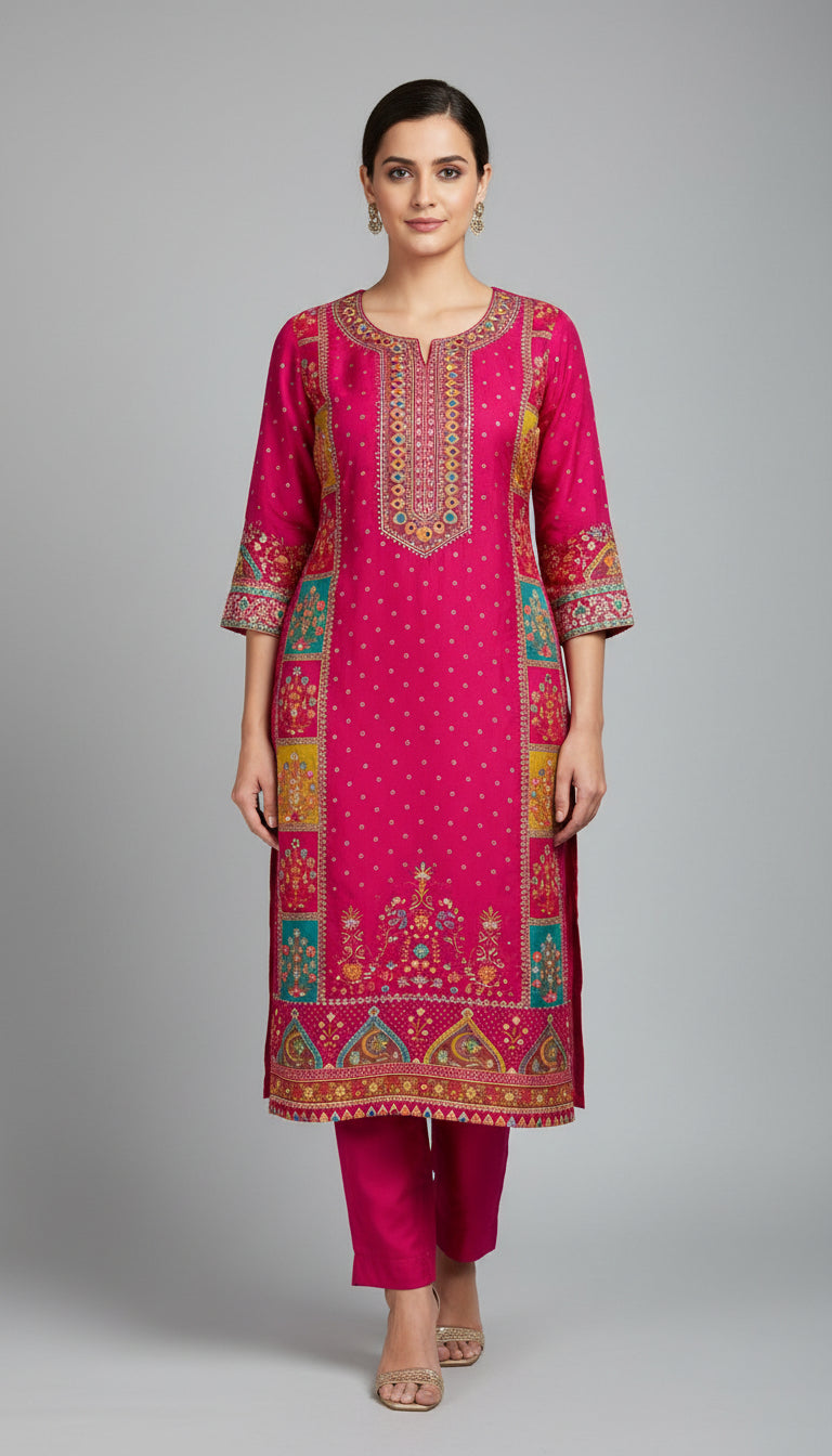 AURA PINK CHINON SUIT SET WITH GOLDEN SEQUIN  & MIRROR WORK