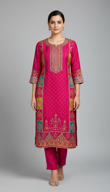 Pink Chinon Suit Set with Golden Sequin & Mirror Work