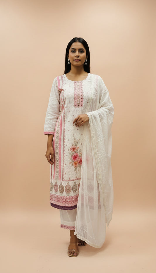 WHITE & WINE PINK COTTON  SIFLY  SUIT SET WITH BEADS WORK |BHAVIAURA