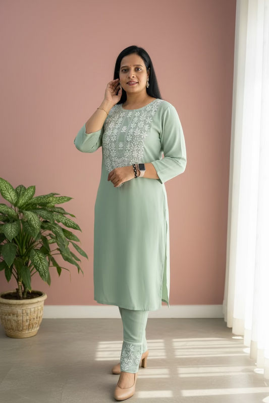 PISTA GREEN RAYON KURTI SET FOR WOMEN WITH FINE EMBROIDERY