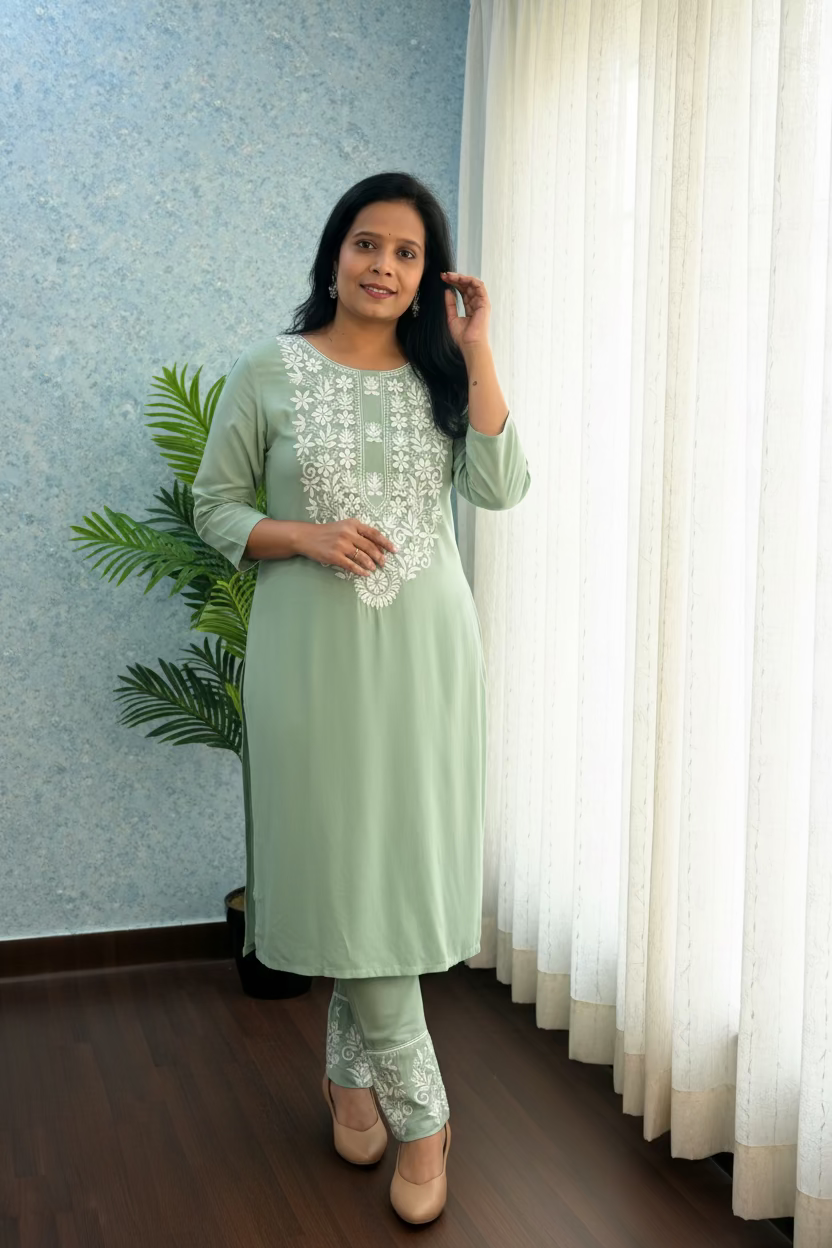 PISTA GREEN RAYON KURTI SET FOR WOMEN WITH FINE EMBROIDERY