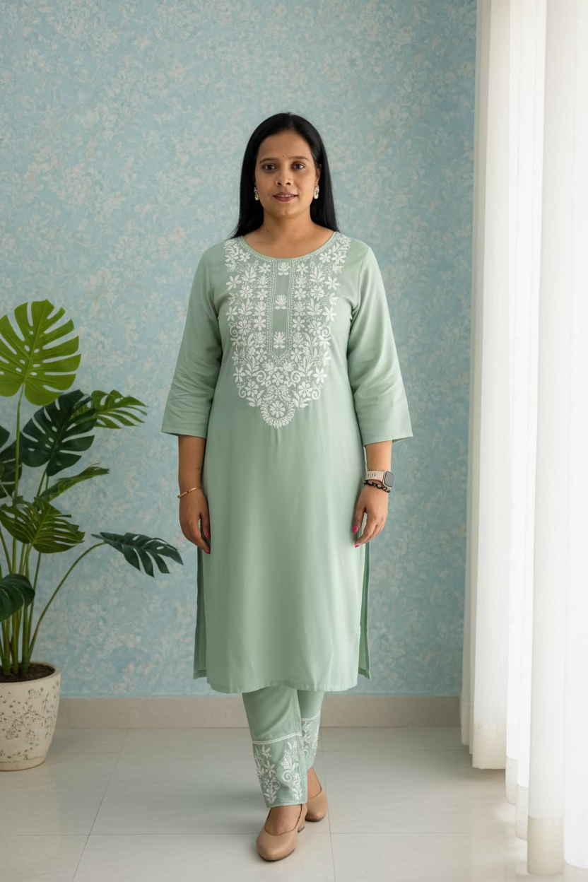 PISTA GREEN RAYON KURTI SET FOR WOMEN WITH FINE EMBROIDERY