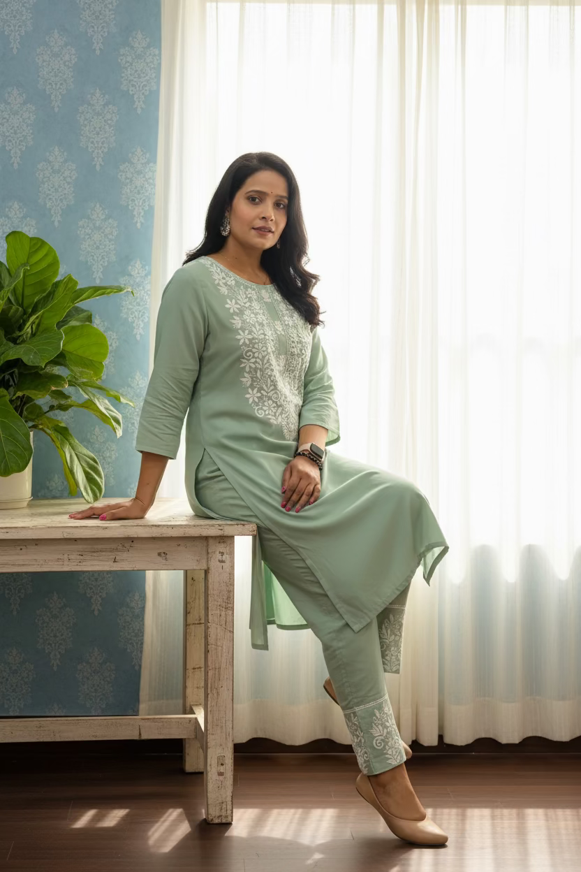 PISTA GREEN RAYON KURTI SET FOR WOMEN WITH FINE EMBROIDERY