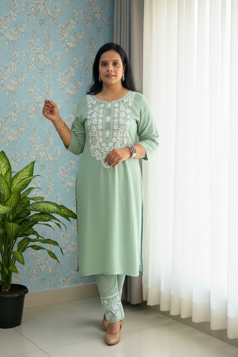 PISTA GREEN RAYON KURTI SET FOR WOMEN WITH FINE EMBROIDERY