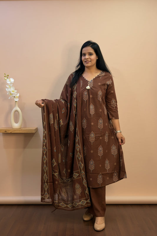 Brown Cotton Block print Suit Set 
