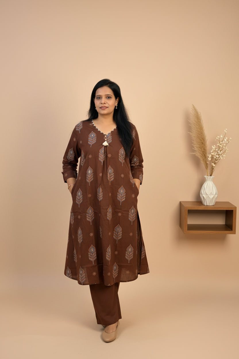 Brown Cotton Suit Set with Both Side Pocket