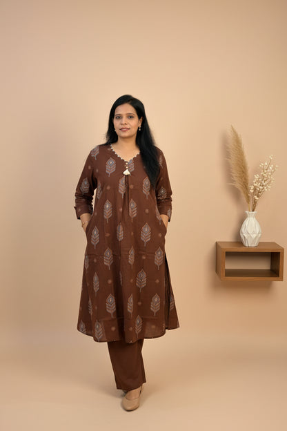 Brown Cotton Suit Set with Both Side Pocket