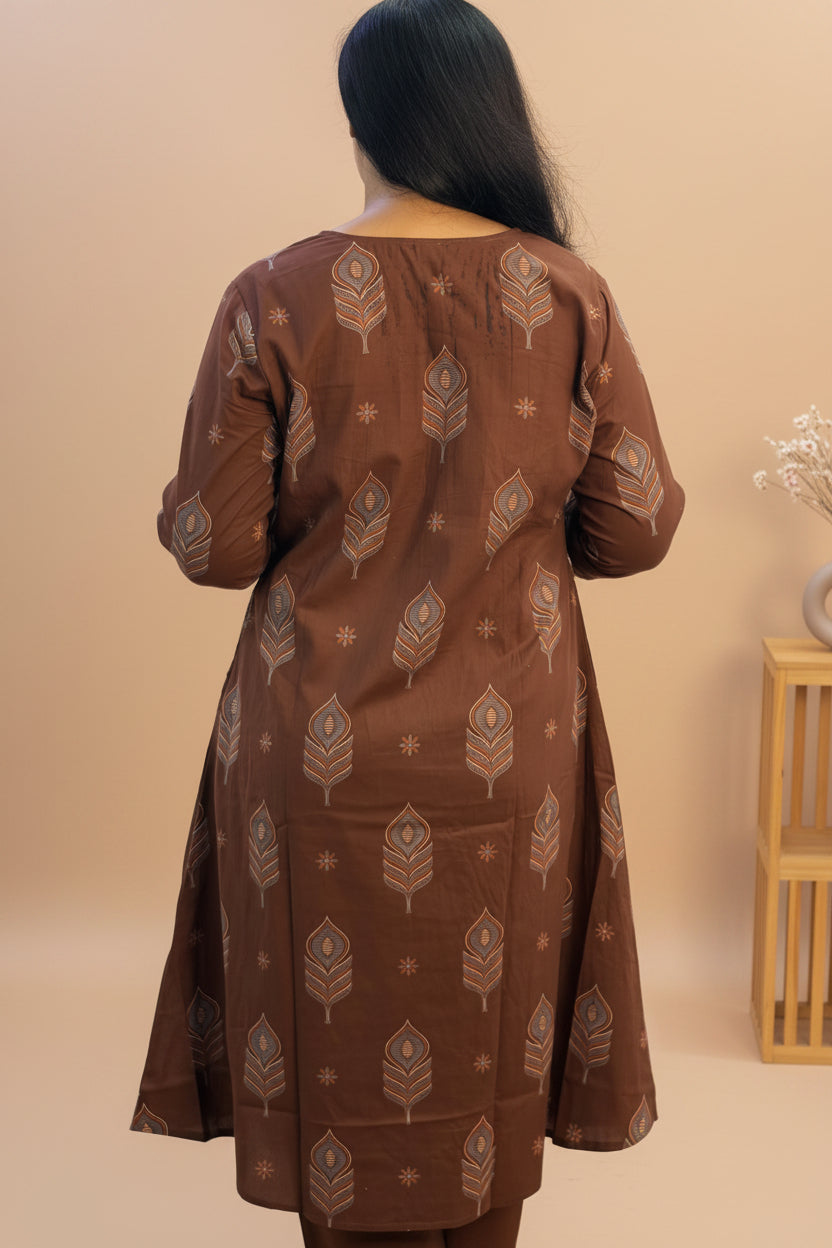 Cotton Printed A-Line Kurta Dupatta Set with Embroidered Pockets & Elastic Pant