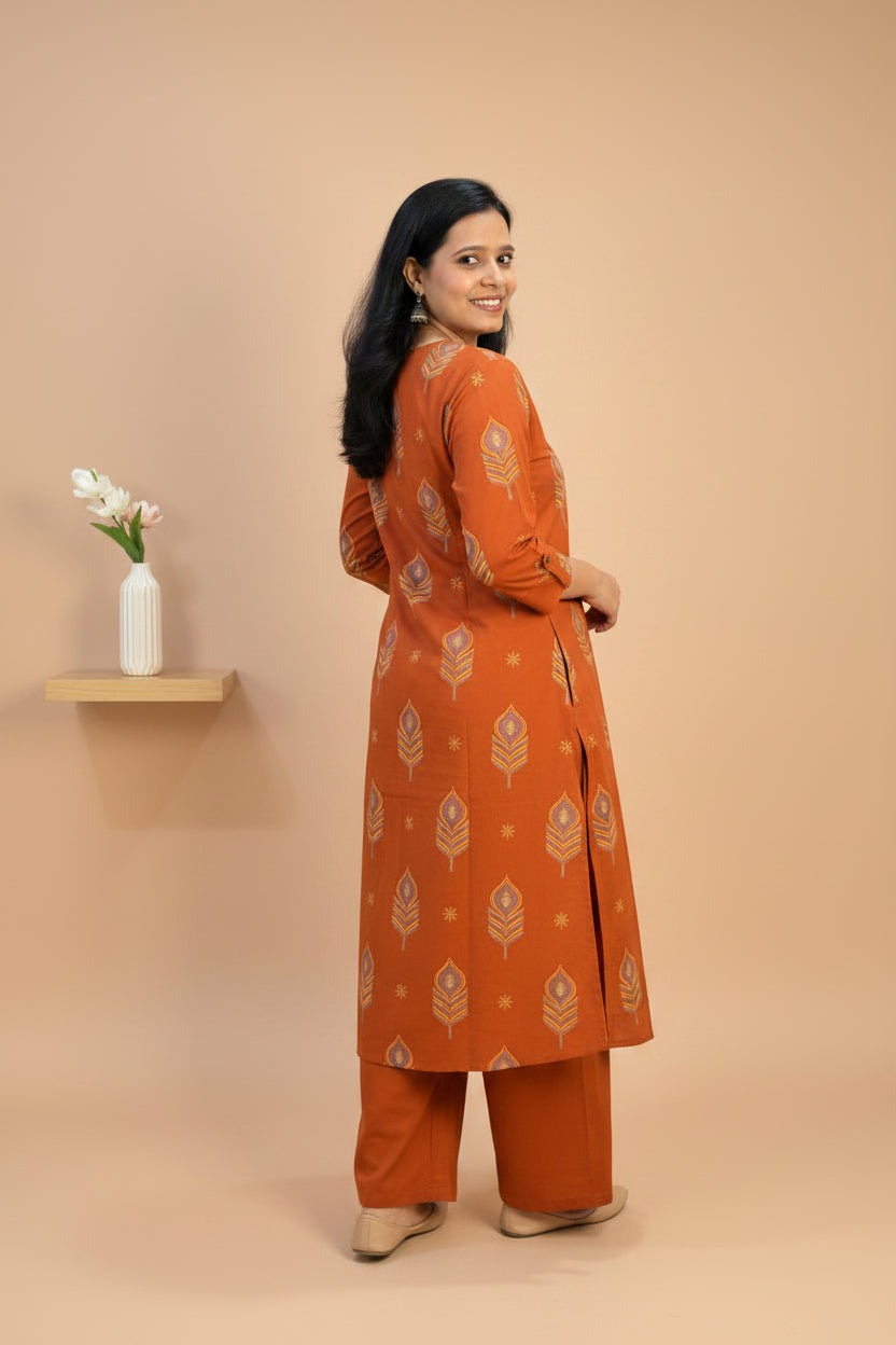 Rust Color Cotton Printed A-Line Suit Set  with Embroidered Pockets & Elastic Pant