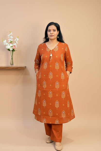 Rust Color Cotton Printed A-Line Suit Set