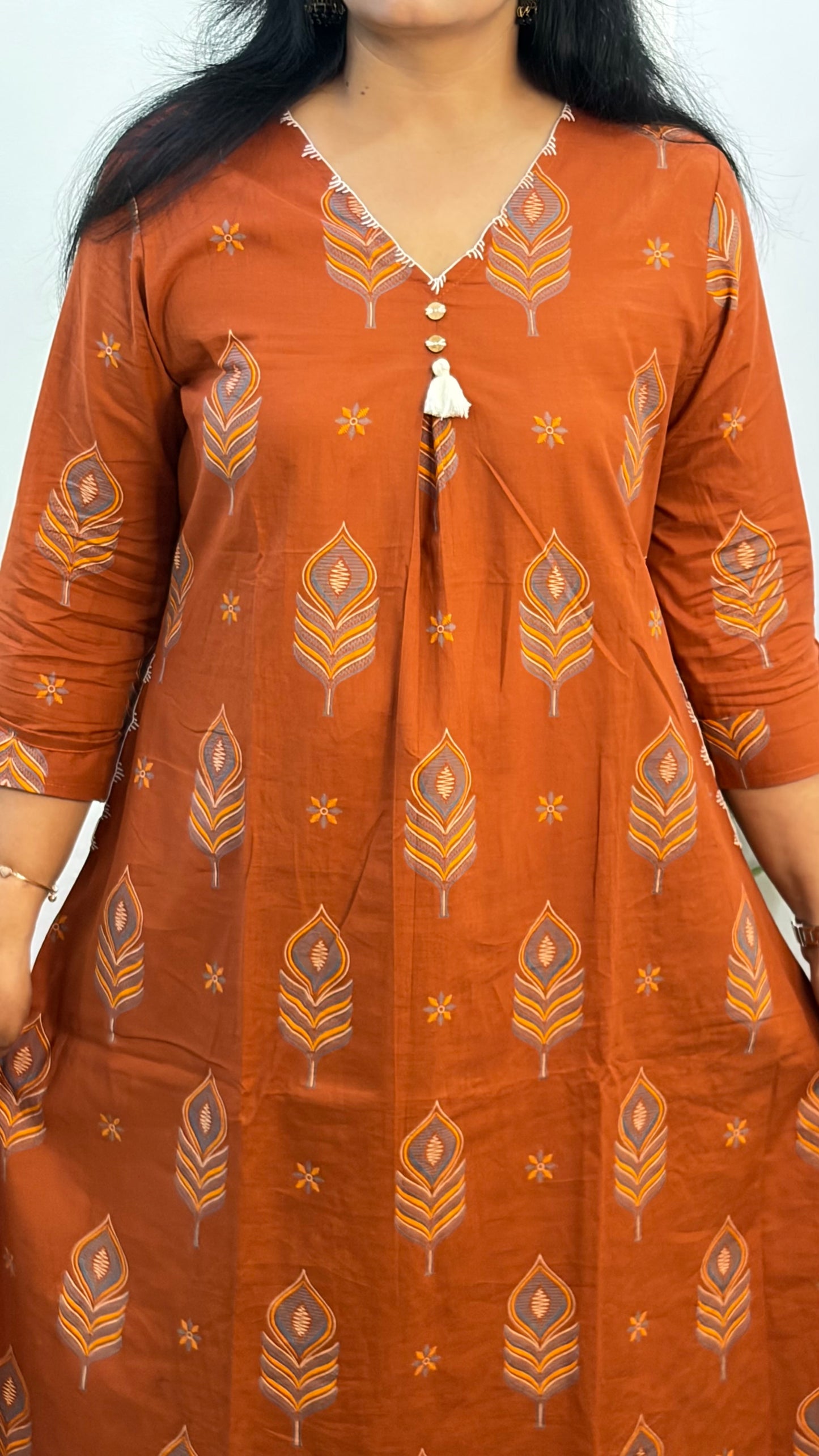 Rust Color Cotton Printed A-Line Suit Set  with Embroidered Pockets & Elastic Pant