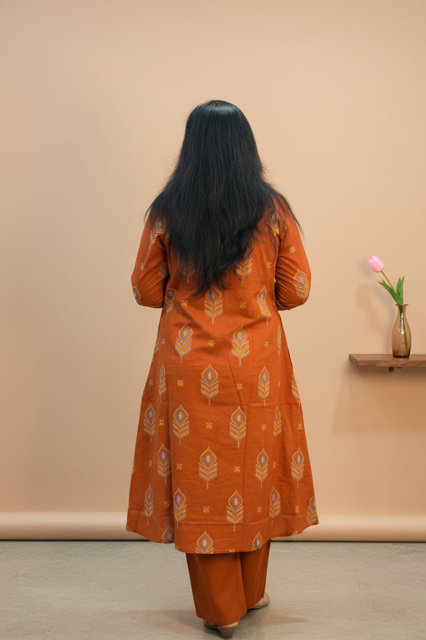 Rust Color Cotton Printed A-Line Suit Set  with Embroidered Pockets & Elastic Pant