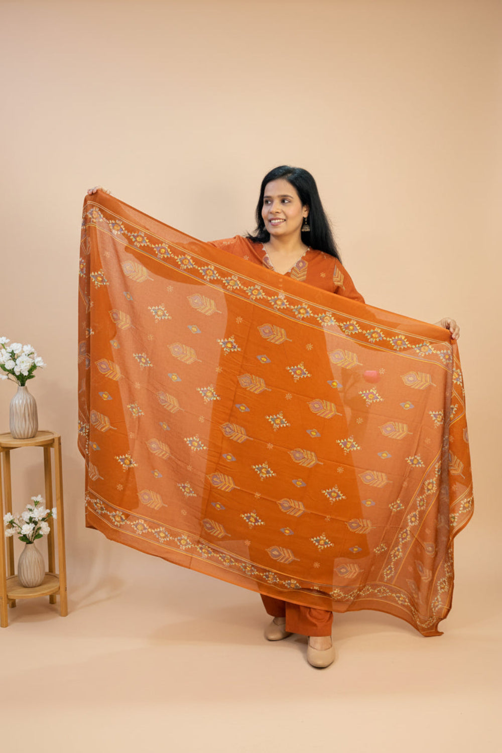 Rust Color Cotton Printed A-Line Suit Set  with Embroidered Pockets & Elastic Pant