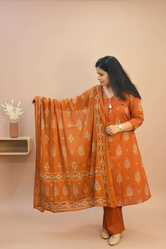 Rust Color Cotton Printed A-Line Suit Set  with Embroidered Pockets & Elastic Pant
