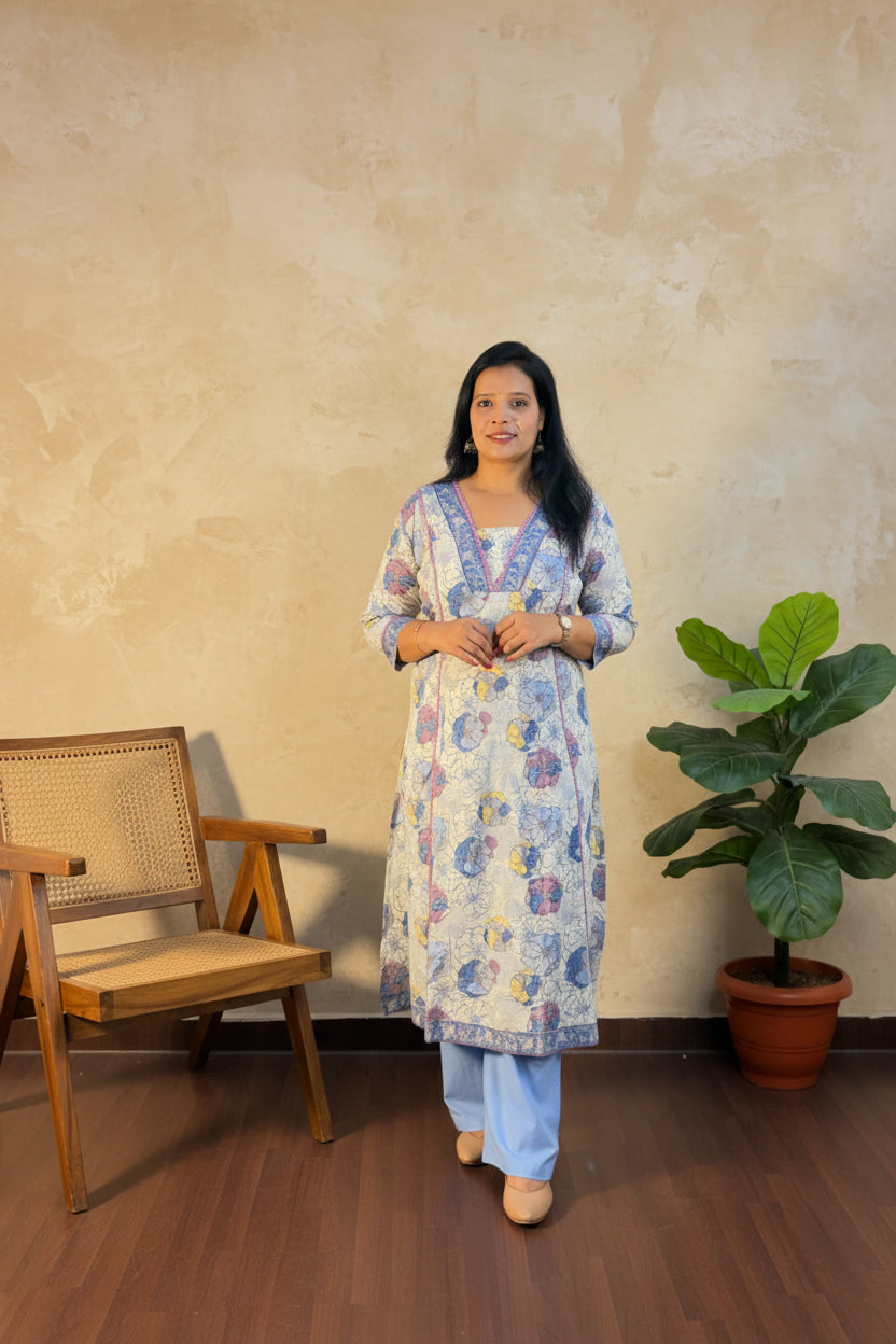 Blue Cotton A-Line Kurta Set 