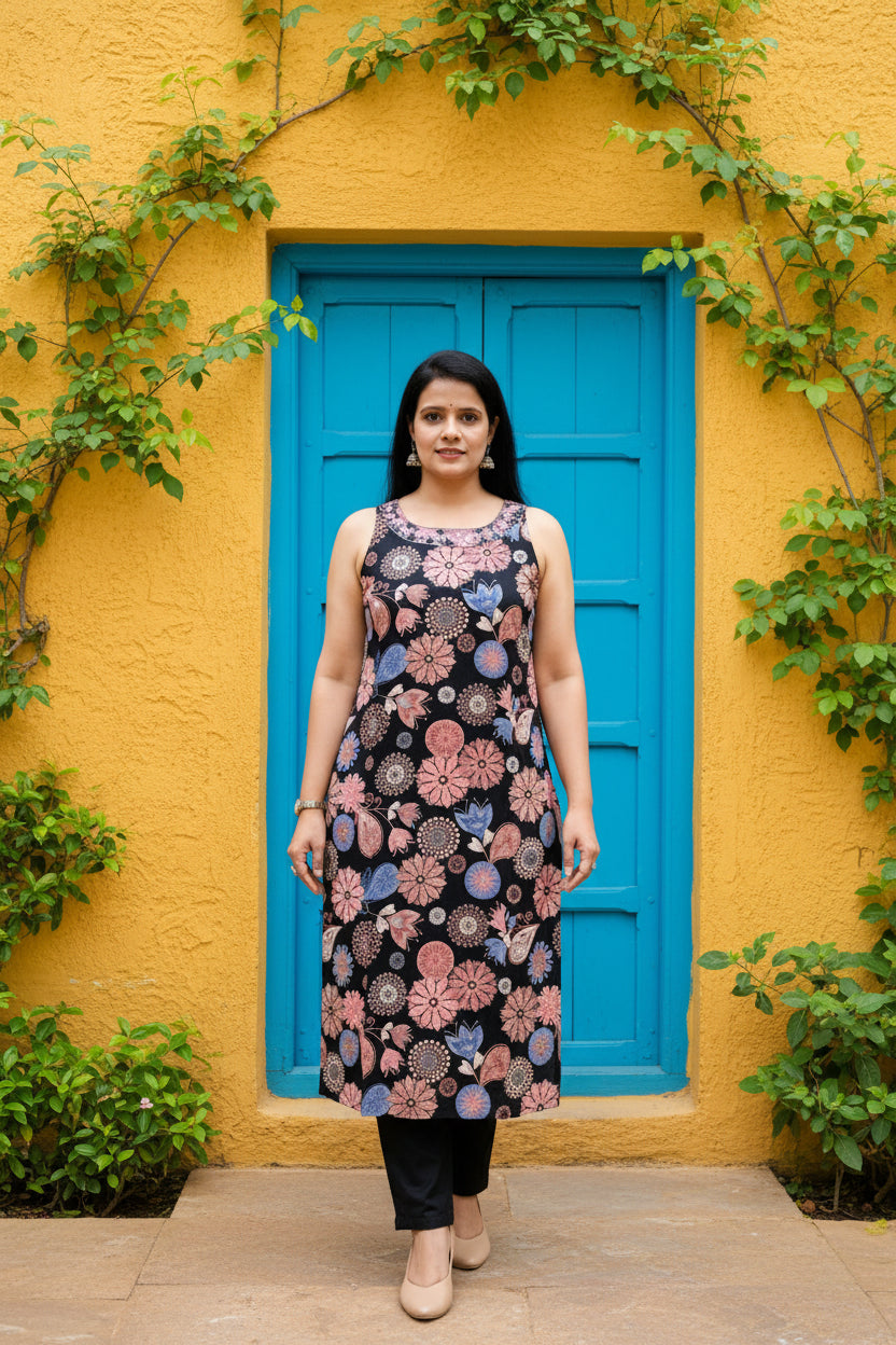 Rayon Sleeveless Kurta with Cotton flex Pants 