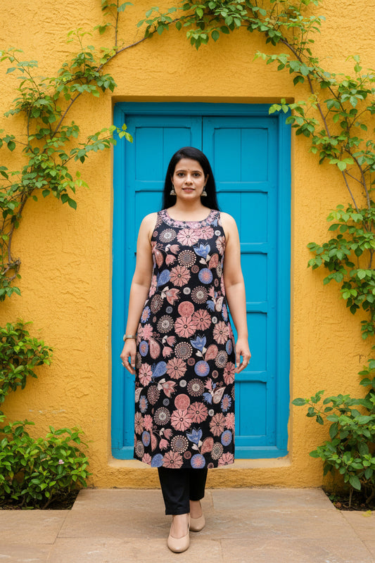 Rayon Sleeveless Kurta with Cotton flex Pants 