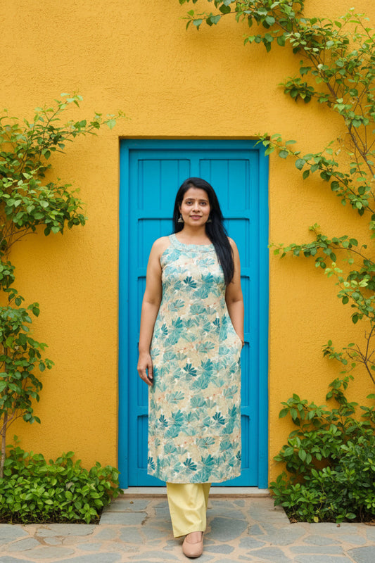 Sleevless Kurta with Cotton Pant 