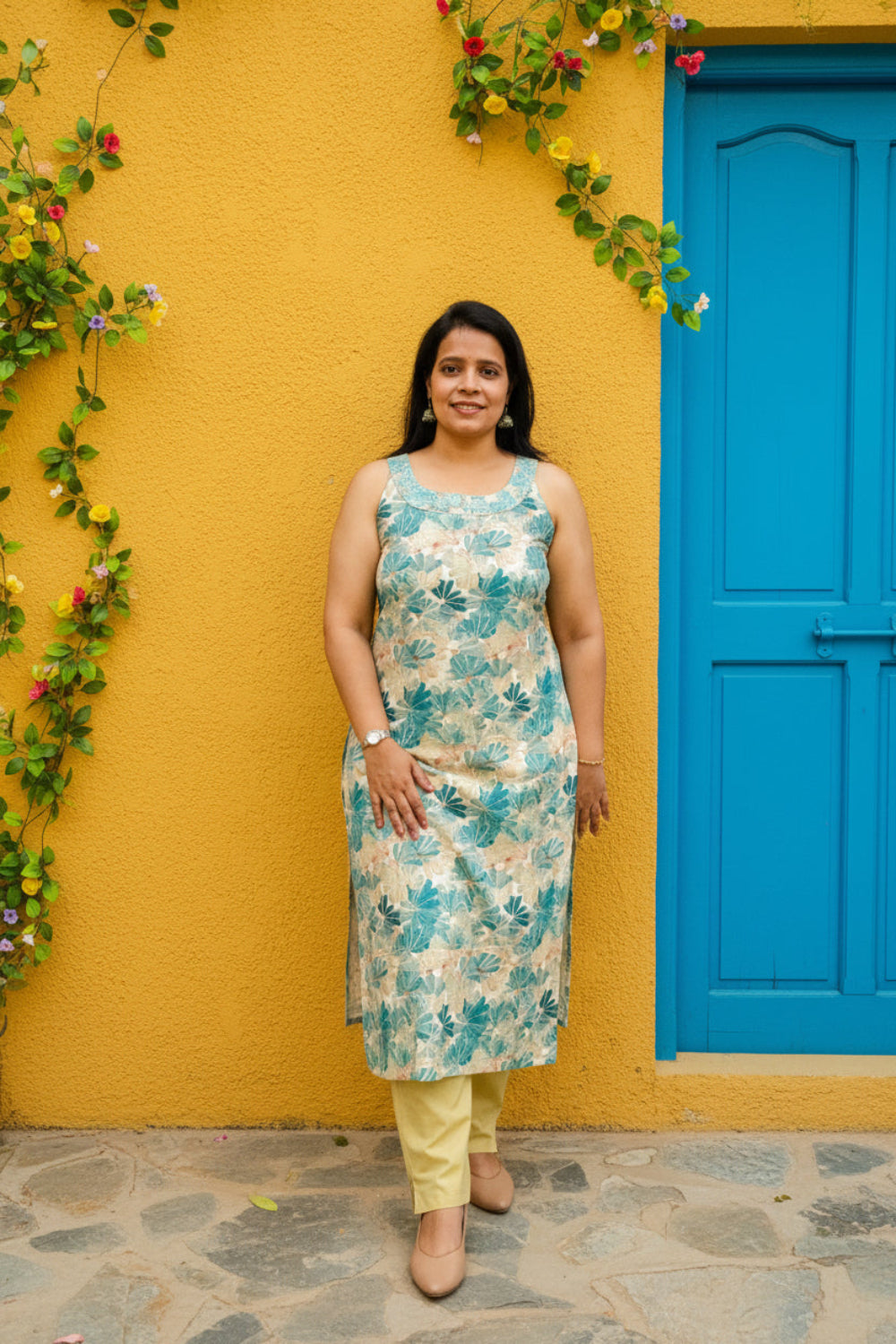 Beige Rayon Printed Sleeveless Kurti Pant Set | Embroidered Round Neck | Contrast Cotton Pant
