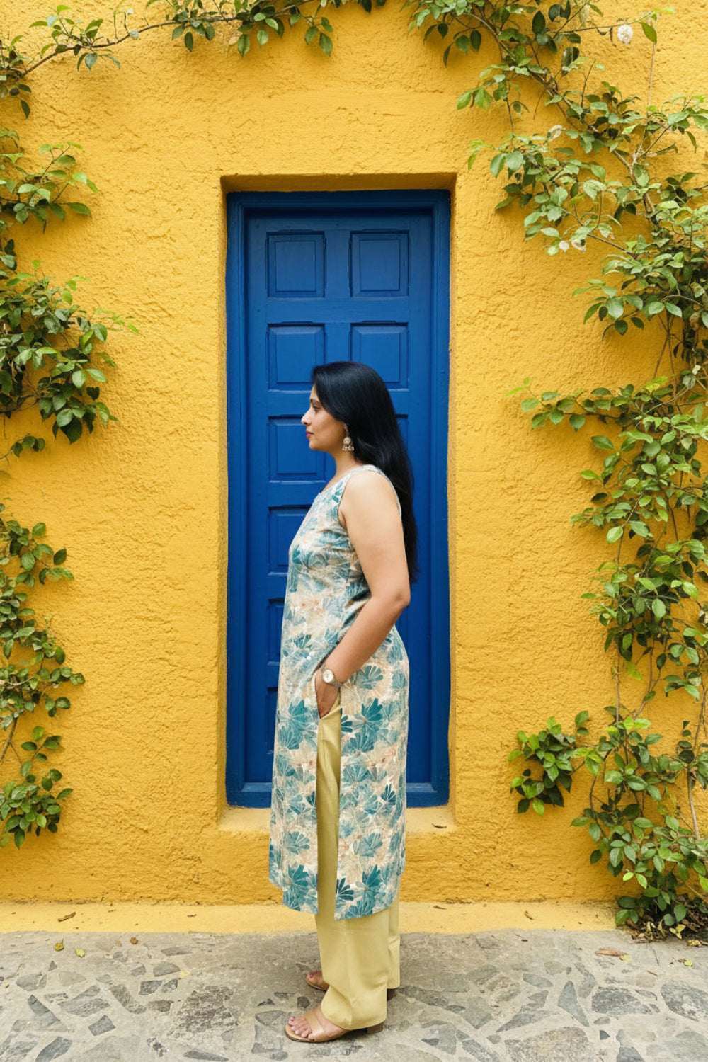 Beige Rayon Printed Sleeveless Kurti Pant Set | Embroidered Round Neck | Contrast Cotton Pant