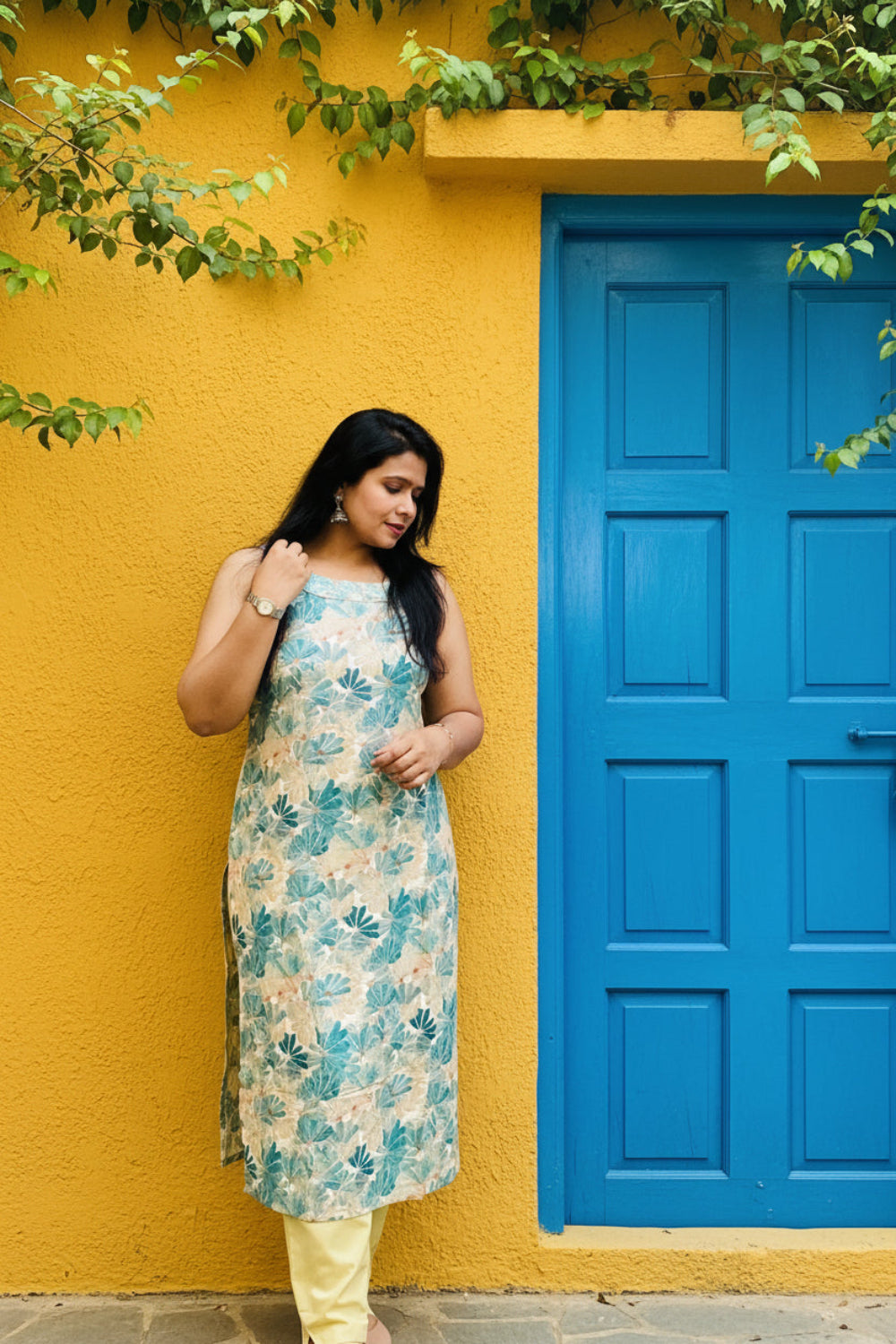 Beige Rayon Printed Sleeveless Kurti Pant Set | Embroidered Round Neck | Contrast Cotton Pant