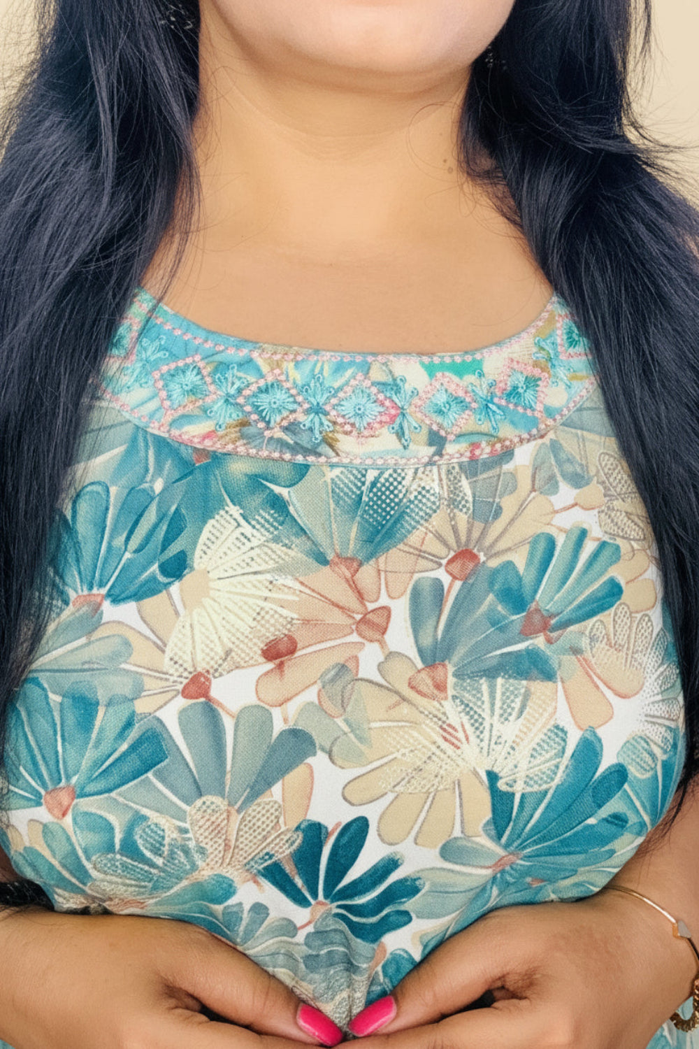 Beige Rayon Printed Sleeveless Kurti Pant Set | Embroidered Round Neck | Contrast Cotton Pant