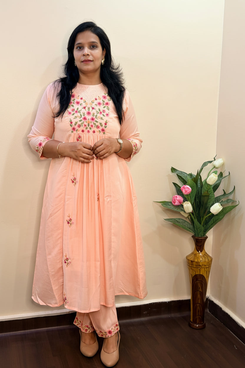 Sagar Mul - Cotton Embroidered Peach A-Line Kurta Set.