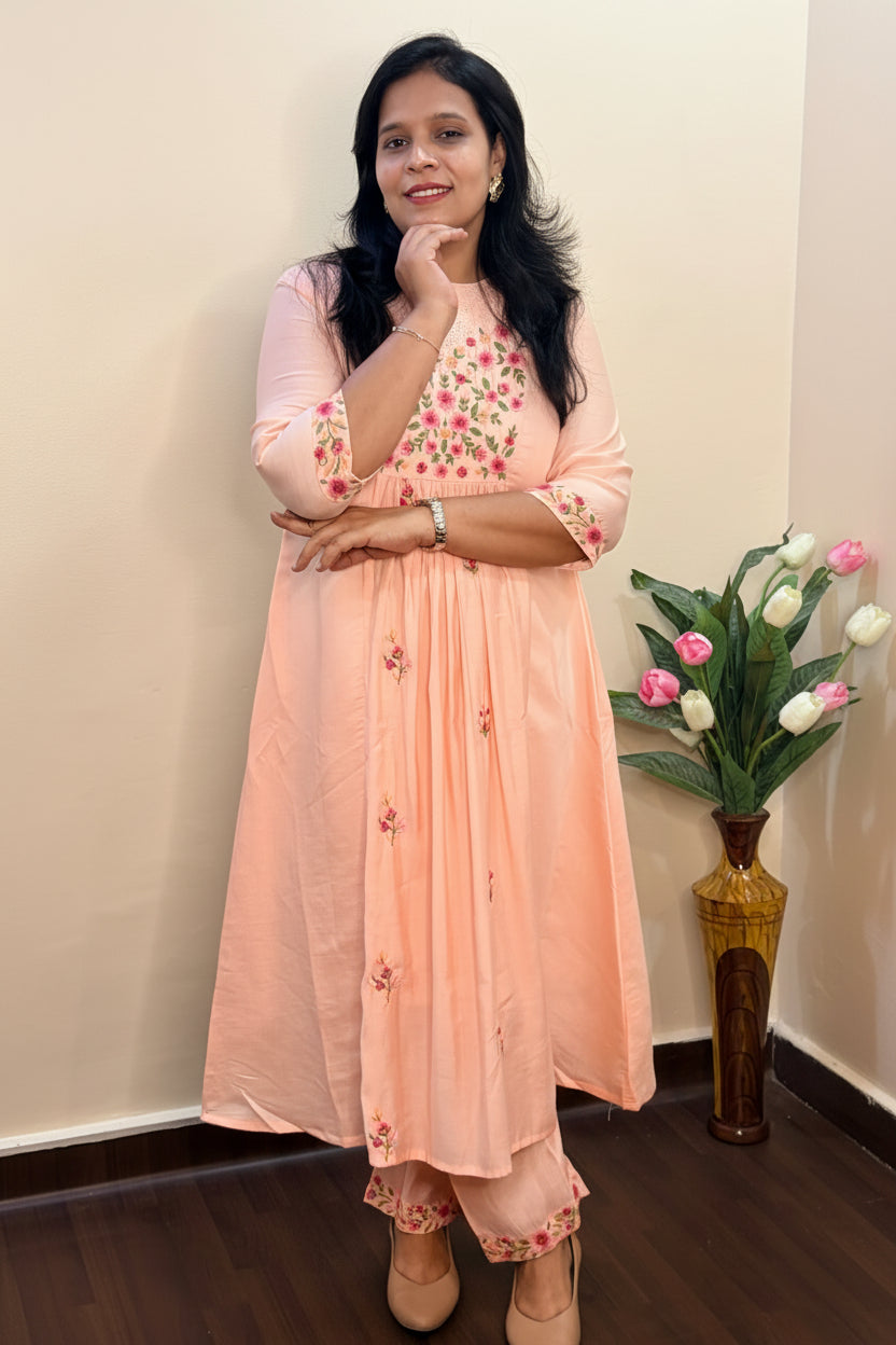 Sagar Mul - Cotton Embroidered Peach A-Line Kurta Set.
