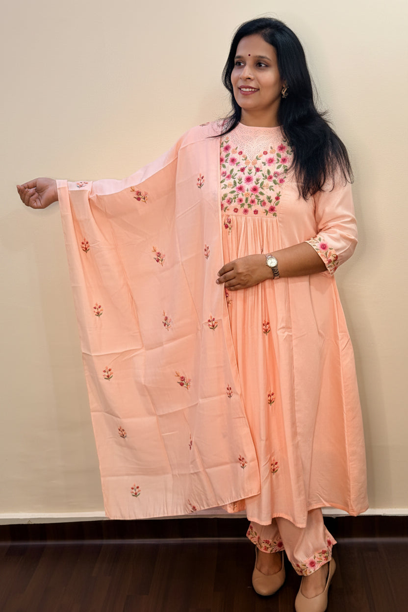 Sagar Mul - Cotton Embroidered Peach A-Line Kurta Set.