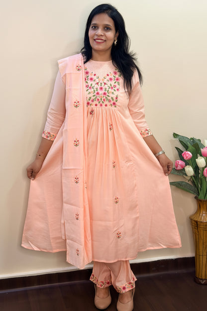 Sagar Mul - Cotton Embroidered Peach A-Line Kurta Set.